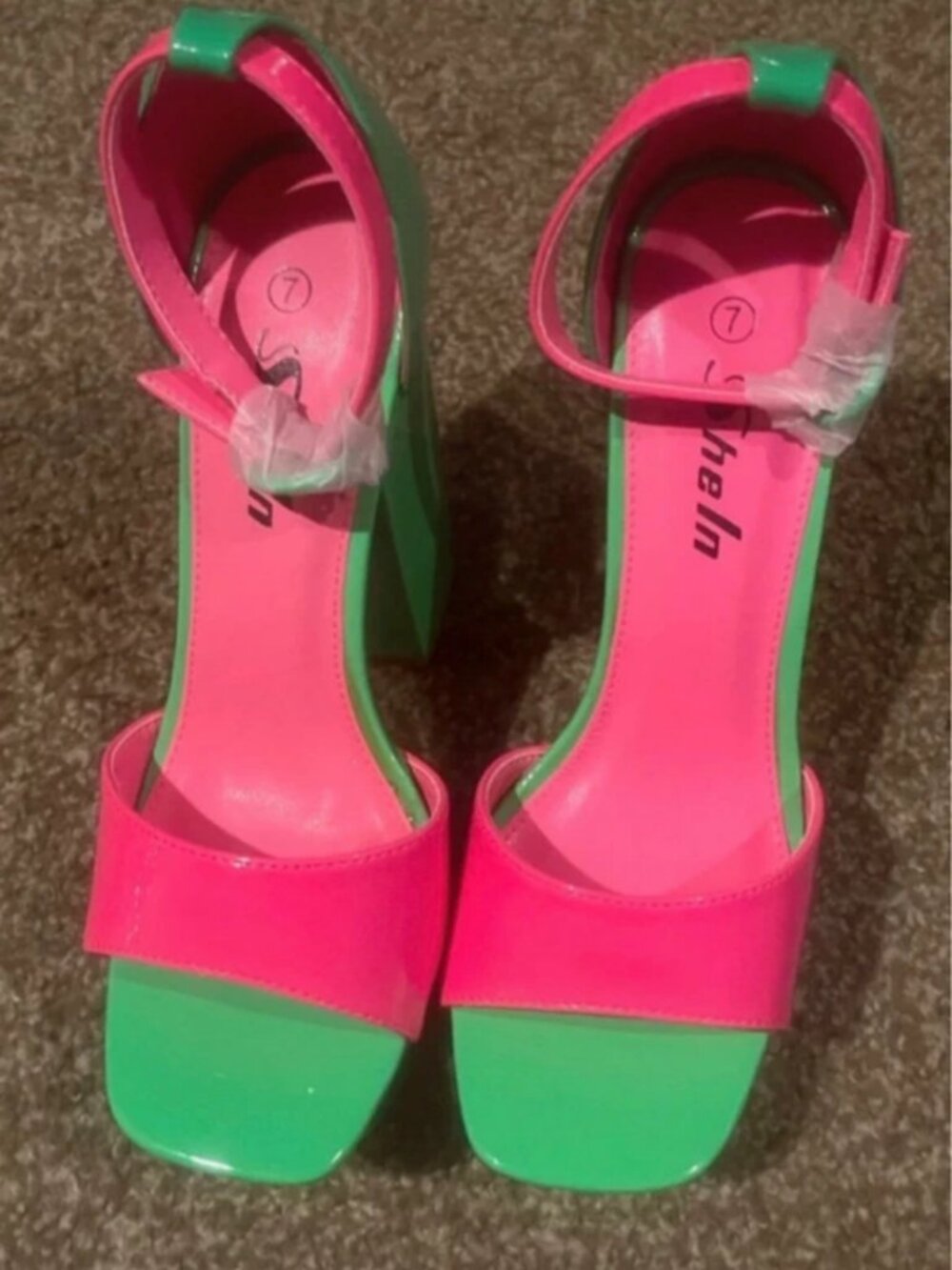 Vibrant pink and green woman platform heels size 7